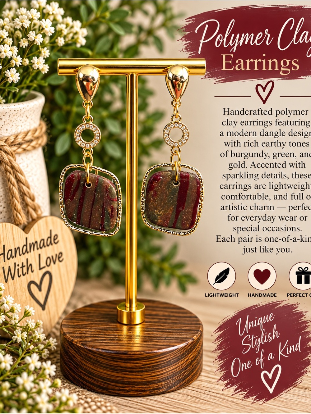 Handmade Polymer Clay Dangle Earrings - Burgundy & Gold